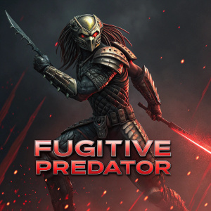 Alien warrior from the movie 'The Predator'. Fighting pose, metallic exoskeleton, dark background with red highlights. Text: 'FUGITIVE PREDATOR'