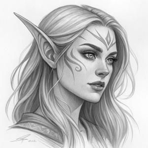 Digital artwork of a female Blood Elf character from World of Warcraft. Detailed face sketch with pencil shading, showcasing pointed ears and intricate facial markings.