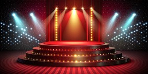 Stage podium with lighting, Stage Podium Scene with for Award Ceremony on red Background. Vector illustration