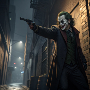 A digital render of Joker from Batman series, in a dark alley, menacingly holding a gun.
