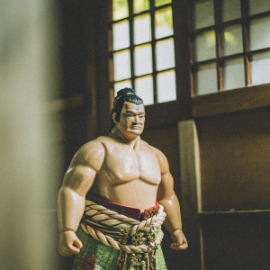 Detailed image of a WWE action figure, featuring Yokozuna. Sumo wrestler with intricate details. Realistic representation