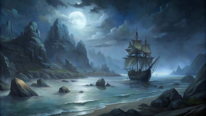 Azure bay surrounded by rocks, a pirate ship with black angry sails, a beach, night, moon, clouds, haze, labradite, canvas, butter, magic, fairy tale, backlight, fantasy, high detail, filigree, hyperetethaization, hyperrealism, thin drawing