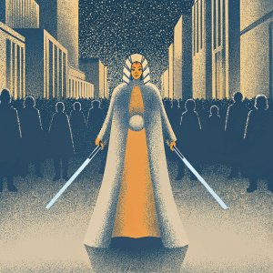 Ahsoka Tano, dressed in her iconic orange and white Jedi robes, standing in the heart of the bustling Coruscant streets.