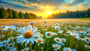 The landscape of white daisy blooms in a field, with the focus on the setting sun. The grassy meadow is blurred, creating a warm golden hour effect during sunset and sunrise time.