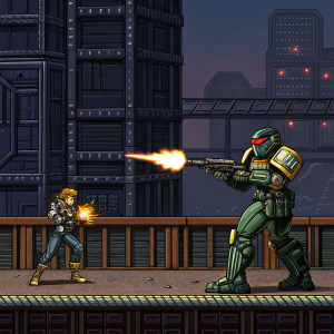 Screenshot from 'Judge Dredd: The Movie' video game for Megadrive console. Futuristic industrial scene. Armored robot character with gun amidst action. Smaller humanoid figure emitting flames from weapon. Dark, multi-story industrial building in background.