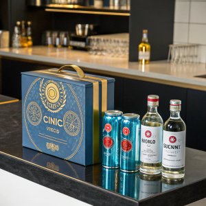 On a sleek, black countertop, a Ciroc Moschino gift set gleams. It features a blue and gold box adorned with the brand's iconic logos. Surrounding it are small bottles filled with vibrant liquids and a can of Simple Lifestyle Gin, boasting a striking graphic label.