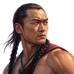Xia Taptara, known as Hong Qigong in the novel Condor Heroes, depicted in a modern digital painting. Muscular build, long braided hair, intense facial expression. Focus on detailed facial features. Digital art style.