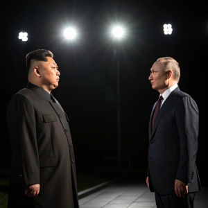 Formal photo of Kim Jong Un and Vladimir Putin at diplomatic summit. Bright lights, black background.
