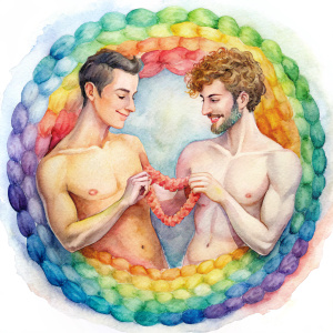 gay shirtless men crocheting in a circle, smiling. their crochet is connected, it is a big heart about 1 square meter coloured with rainbow colours.