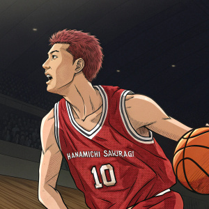 Hanamichi Sakuragi, Slam Dunk anime character, mid-dribble. Wearing red jersey with number 10. Dark basketball court background.