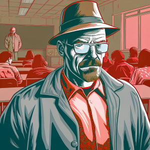 A cartoon depiction of Walter White from Breaking Bad. He wears a hat and a jacket. Mustache and bandaged nose. Classroom setting