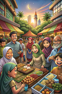 detail illustration, realist, indonesian Caricature-style comic, two-panel: 1) (Terdapat sebuah keluarga: Ayah, Ibu, dan dua anak perempuan. Mereka tersenyum sambil membeli makanan dari penjual kue kering.) Ayah: "Anak-anak, mari kita beli beberapa kue kering untuk berbuka nanti."
