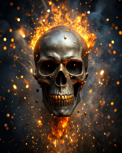 Effect, photoshop action, realistic black skull with human body, with gold spot on head, gold spot, flames of fire, sparks, dust, xd quality, micro detail sharpening,