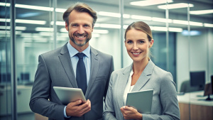 smiling two professional business people standing in office with with digital tablets