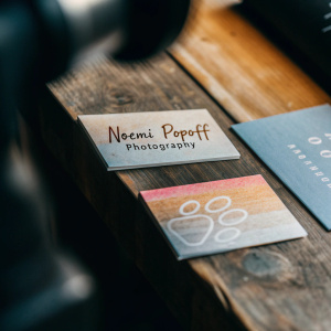 A vibrant array of handcrafted business cards for Noemi Popoff Photography. Cards are laid out on a rustic wooden surface. Each card features watercolor elements, the name 'Noemi Popoff Photography', and a paw graphic. Warm lighting enhances the wood grain background.