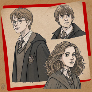 Cartoon illustrations of Harry Potter, Hermione Granger, and Ron Weasley. Each character is depicted in various dynamic poses and angles, showcasing their distinct features and attire. Rendered in shades of gray with detailed linework, these drawings are sketched on a rustic brown parchment with a bold red border.