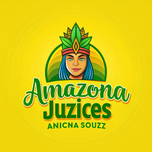 Haz un logo alusivo a un negocio de jugos naturales artesanales, que diga "Amazon Juices", en 3d qué tenga un fondo de color amarillo y verde, y que tenga un indígena de la amazonia colombiana dentro. 