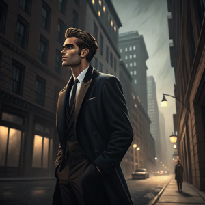 Jon Kortajarena, handsome man with slicked-back hair, dressed in a classic black suit. Standing alone on a dimly lit city street.