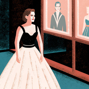 Emma Watson at the premiere. Wearing a striking white skirt with black bodice. Smiling gracefully. Surrounded by posters of the upcoming film.