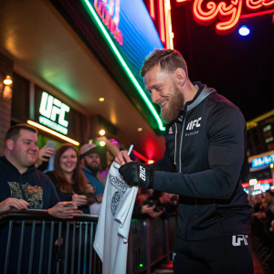 Conor McGregor signing an autograph at a UFC merchandise event. Neon lights and cheering fans in the background.