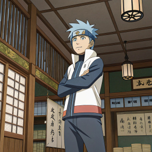 Boruto, Naruto's son, with electric blue hair and determined eyes, stands in the Hokage office.