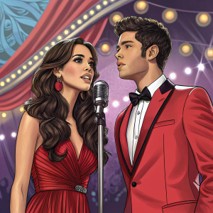 Sandra Echeverria and Chino y Nacho at the vibrant 2010 Billboard Latin Music Awards. They stand close to the microphone, dressed formally on a glamorous stage.