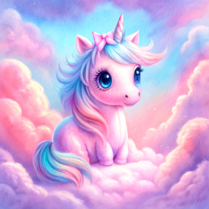 cute big eye unicorn on fluffy cloud with bow