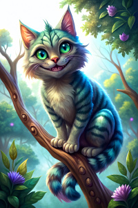 Cheshire cat sitting on a branch of a tree, head tilted to the left, wide smile