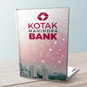 Digital booklet cover featuring Kotak Mahindra Bank logo. Soft gradient background with various sized text links.