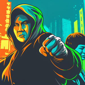 A vibrant poster for the video game Sleeping Dogs featuring a martial artist in a dramatic pose. Background filled with neon lights and bustling cityscape, inspired by Hong Kong's aesthetic