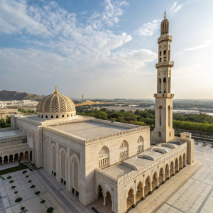 An aerial view of the Sultan Qaboos Grand Mosque. Located in Muscat, Oman. Intricate carvings and a towering minaret visible. Cloudless sky above