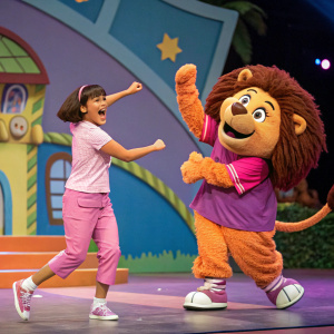 Dora, lively and enthusiastic, dances passionately. Next to her, a stunning puppet evoking the lion's vigor moves rhythmically. Rich colors and playful elements blend in a dazzling display. The scene is set at a Nickelodeon Kids' Choice Awards event.