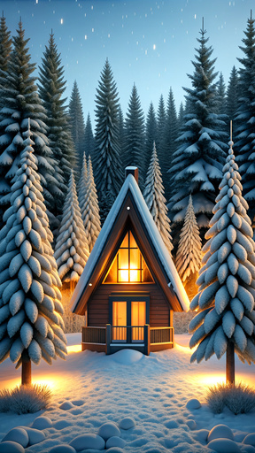 A cozy cabin nestled among towering pine trees in a snowy forest.
