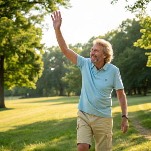 Thomas Gottschalk waving enthusiastically at a sunny park. Dressed in a light blue polo shirt and khaki shorts.