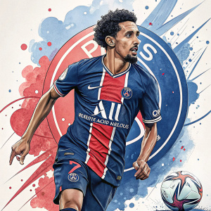 Digital illustration of soccer player Marquinhos. Stylized design with Paris Saint-Germain logo. Blue, red, and white colors. Dynamic pose with abstract shapes.
