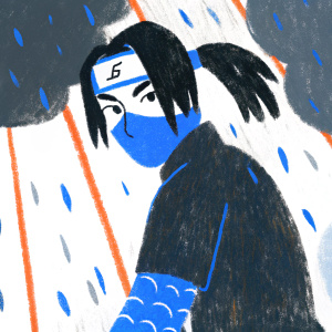 Illustration of Naruto character, dark hair in ponytail, dark ninja outfit, intense fighting stance. Dark, moody background with red accents.