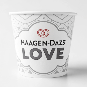 Haagen-Dazs logo redesign. Heartfelt message 'LOVE' in bold, sleek font. Modern, minimalist design with monochromatic palette.