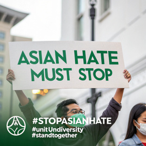 Graphic: Asian hate must stop. Green text on minimalist background. Hashtags #StopAsianHate #UnityInDiversity #StandTogether for wide sharing.