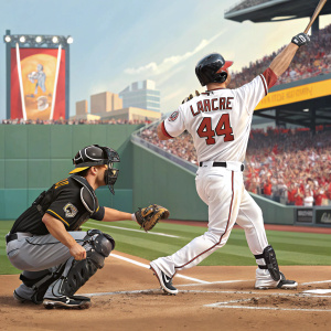 Adam LaRoche, in a white jersey with number 44, and Kurt Suzuki, catcher in black gear, engaged in intense baseball play. A vivid stadium setting, vibrant crowd