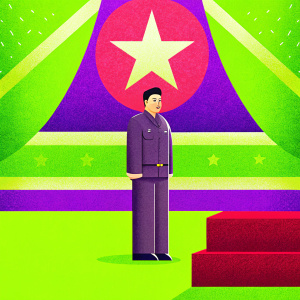 Former North Korean leader Kim Il Sung in a dignified pose. Wearing traditional attire, he stands against a bright, colorful mural background at a state function.
