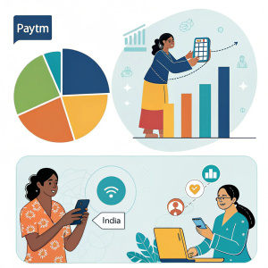 Infographic detailing Paytm's user base across India. Features pie charts, bar graphs, and illustrations of diverse users engaged in financial transactions.