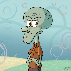 Cartoony depiction of Squidward Tentacles, frowning, with an oversized head and body. Dressed in his signature brown shirt. Pastel-colored, blurred background.