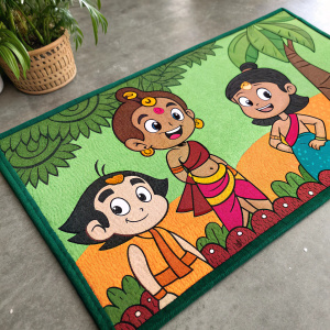 Detailed illustration of Chhota Bheem characters on a vibrant rug. Bold green background