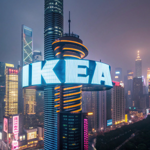 Gigantic spiral-shaped IKEA logo dominating a bustling urban skyline. Futuristic cityscape with towering skyscrapers and neon lights