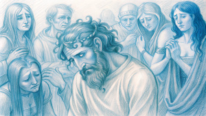 Enkidu's death is depicted in a heart-wrenching scene where the once wild and free companion of Gilgamesh lies on his deathbed, surrounded by mourning friends and lamenting the end of his adventurous life. As his breaths grow shallow and his strength fades, Gilgamesh struggles to come to terms with the loss of his beloved friend. Capture the poignant moment of Enkidu's passing and the raw emotion of Gilgamesh's grief in your illustration.