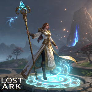 In-game screenshot from Lost Ark. A powerful female summoner clad in a shimmering robe, holding a staff. She stands amidst a magical floating island, with 'Lost Ark' logo visible.