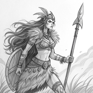 A detailed fan art sketch of a female warrior, reminiscent of Nidalee from League of Legends. Depicting her in black and white with a fierce, determined expression. Long wavy hair flowing behind her. Tribal-inspired attire adorned with intricate details. She wields her weapon with skill and confidence.