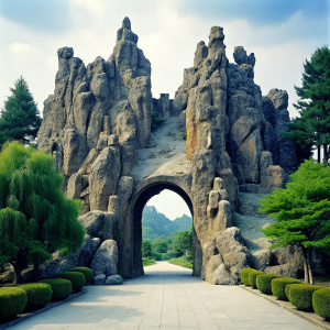 a large public park entrance formed by rocks