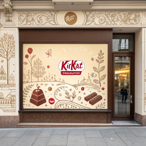 KitKat Chocolatory's digital window. Rich chocolate brown and creamy beige tones. Classic logo surrounded by the history and ingredients of the brand.