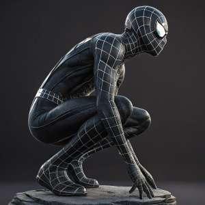 A digital render of a black and web-patterned symbiote spider-man sculpture. Crouched pose, detailed human form. Dark uniform background